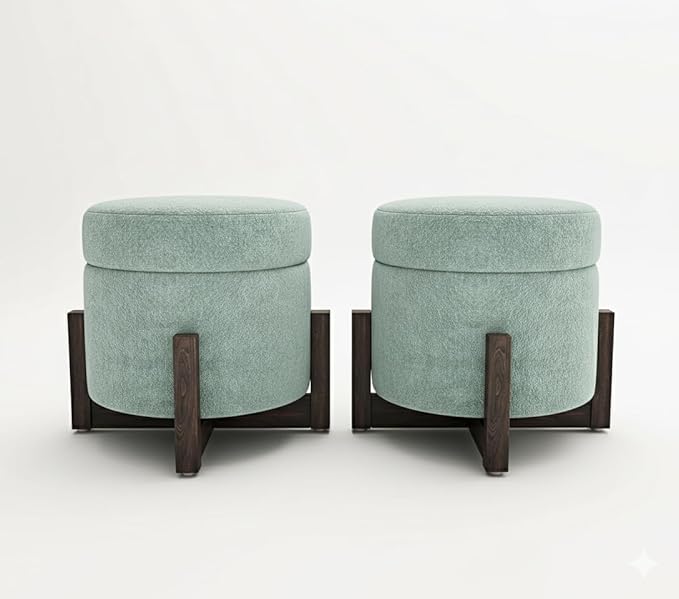 Round Storage Ottoman Poufs ? Multipurpose Puffy Footstools for Bedroom & Living Room, Stylish Home Furniture & D?cor, Sea Green, Set of 2