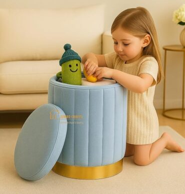 Round Luxurious Ottoman with Storage Box Dutch Velvet Pouffe Footstool, Footrest Vanity Stool for Bedroom Living Room Balcony Snack, Storage for Kids Toys - (Sky Blue)