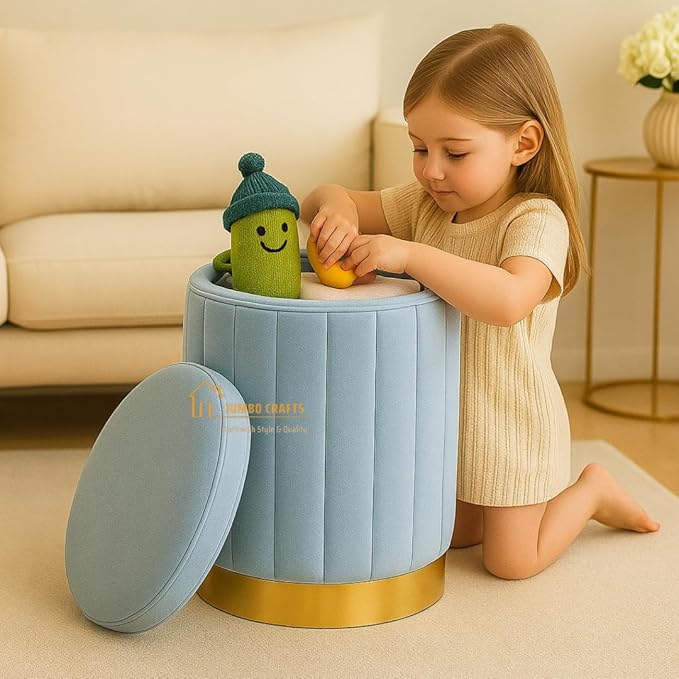 Round Luxurious Ottoman with Storage Box Dutch Velvet Pouffe Footstool, Footrest Vanity Stool for Bedroom Living Room Balcony Snack, Storage for Kids Toys - (Sky Blue)