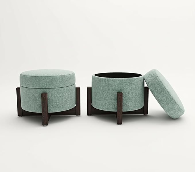 Round Storage Ottoman Poufs ? Multipurpose Puffy Footstools for Bedroom & Living Room, Stylish Home Furniture & D?cor, Sea Green, Set of 2 - Image 2