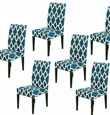 House of Quirk Elastic Chair Cover Stretch Removable Washable Short Dining Chair Cover Protector Seat Slipcover - (Teal Diamond) (Pack of 6, Polyester, Printed)