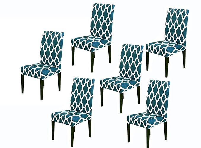 House of Quirk Elastic Chair Cover Stretch Removable Washable Short Dining Chair Cover Protector Seat Slipcover - (Teal Diamond) (Pack of 6, Polyester, Printed)