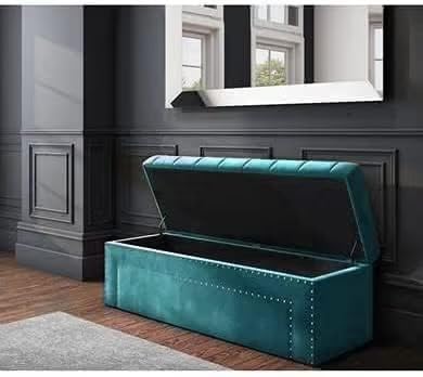 Roman Velvet Upholstered Ottoman Ripit with Storage 2 Seater Sofa Storage Box Footstool Toy Chest Shoe Bench Seats and Bed End Storage (Teal) - Image 3