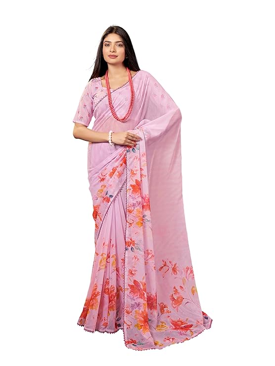 Garden Vareli Floral Printed Slub Taspa Saree With Unstitched Blouse Piece