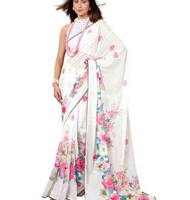 Garden Vareli Floral Printed Slub Taspa Saree With Unstitched Blouse Piece