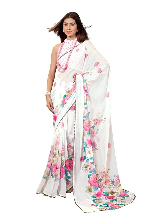 Garden Vareli Floral Printed Slub Taspa Saree With Unstitched Blouse Piece
