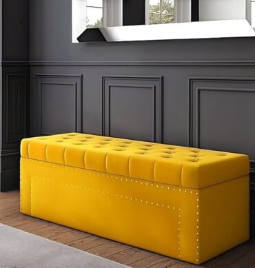 Roman Velvet Upholstered Ottoman Ripit with Storage 2 Seater Sofa Storage Box Footstool Toy Chest Shoe Bench Seats and Bed End Storage (Yellow)