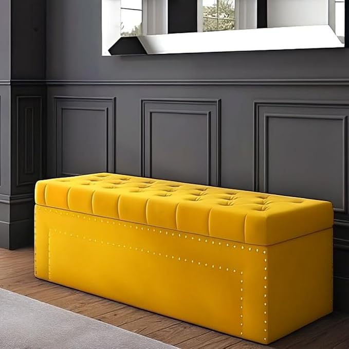 Roman Velvet Upholstered Ottoman Ripit with Storage 2 Seater Sofa Storage Box Footstool Toy Chest Shoe Bench Seats and Bed End Storage (Yellow)