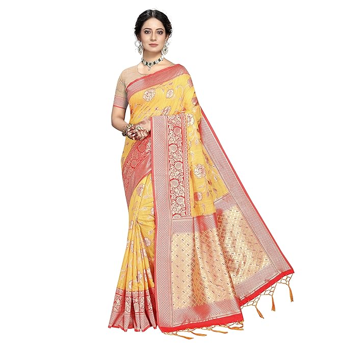 Rekha Maniyar Womens Cotton Woven Banarasi Silk Saree With Unstitched Blouse (KALPANA)
