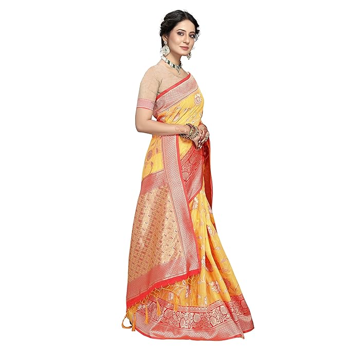 Rekha Maniyar Womens Cotton Woven Banarasi Silk Saree With Unstitched Blouse (KALPANA) - Image 3
